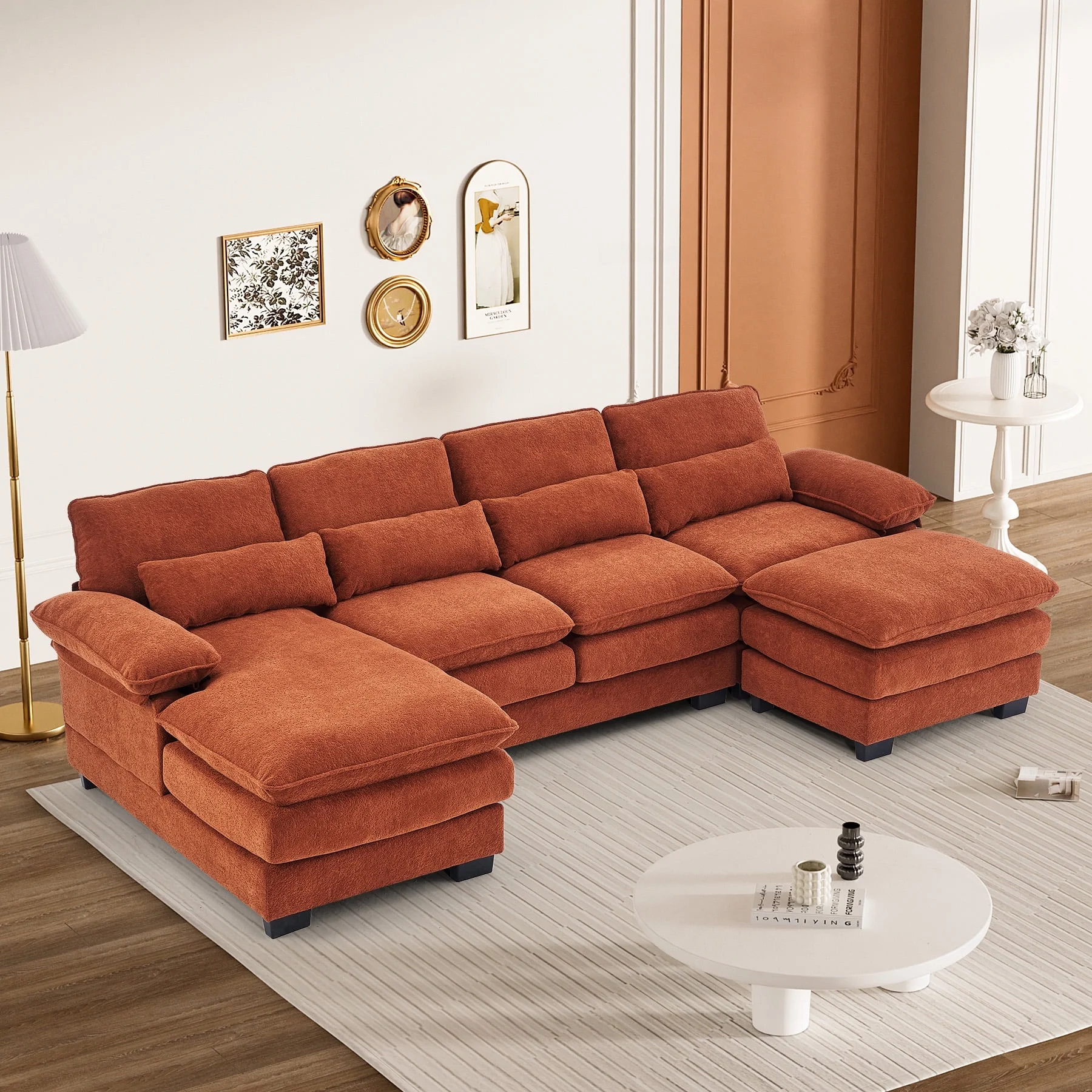 Rophefx 114.3" U Shaped Sectional Couches for Living Room, Cloud Couch, 4 Seats Chenille Couch with Double Layer Cushion, Orange