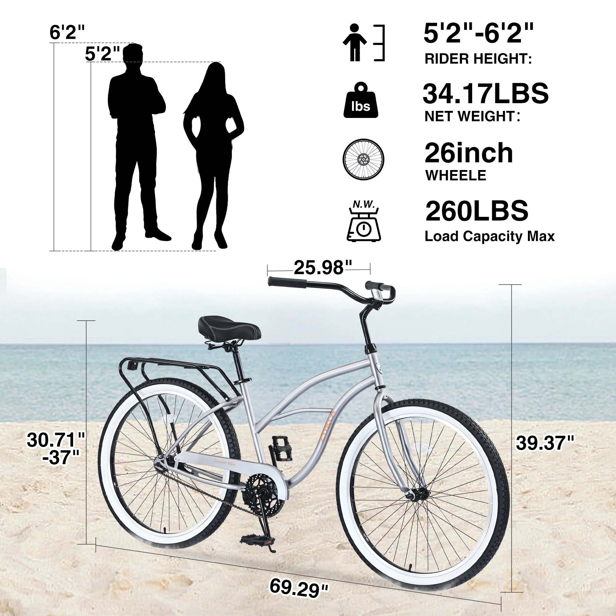 Single Speed Bicycles 26"inch, Steel Frame, Wide Wheels for Stability, Rear Coaster Brakes, Multiple Colors Men'S Beach Cruiser Bike, Silver+Grey Steel Fitness Sports Sports Outdoor Bikes