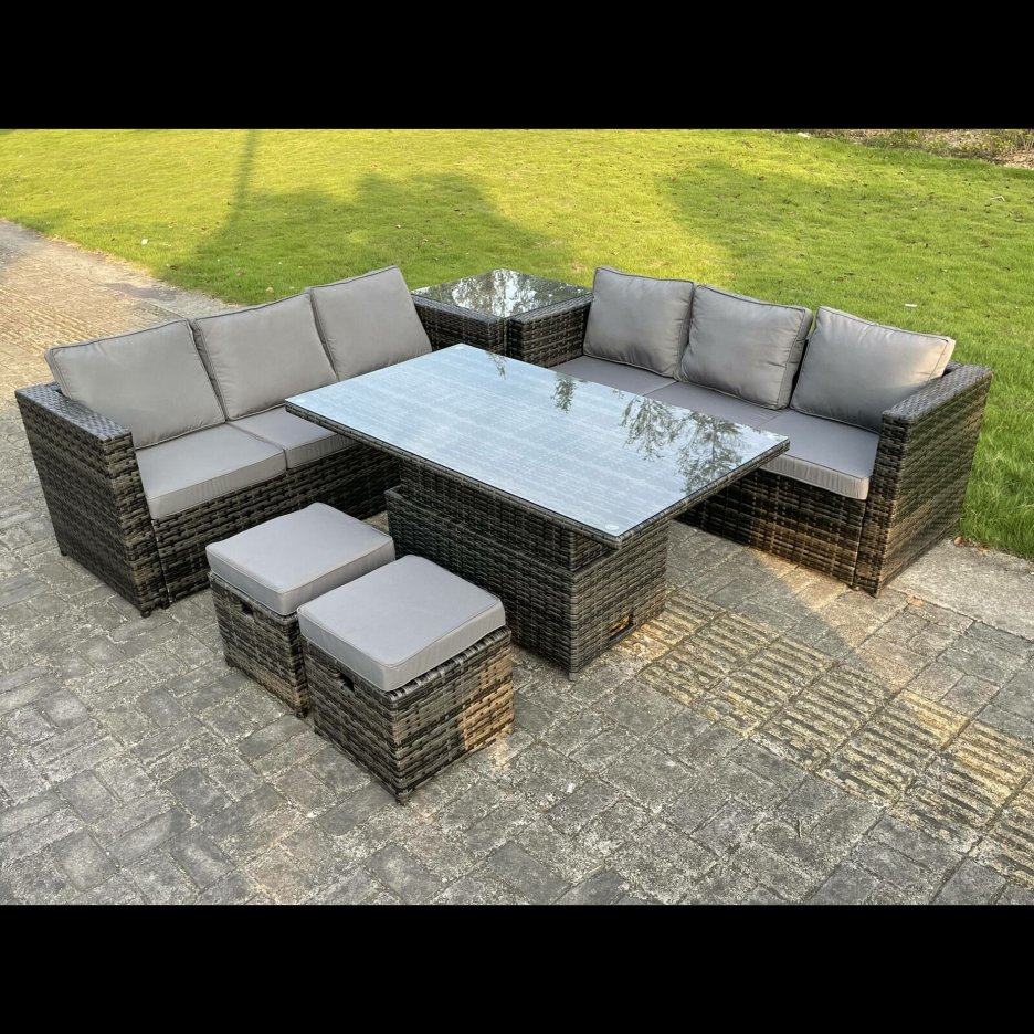 Wicker rattan garden furniture, raised table, footstool, dark grey mix