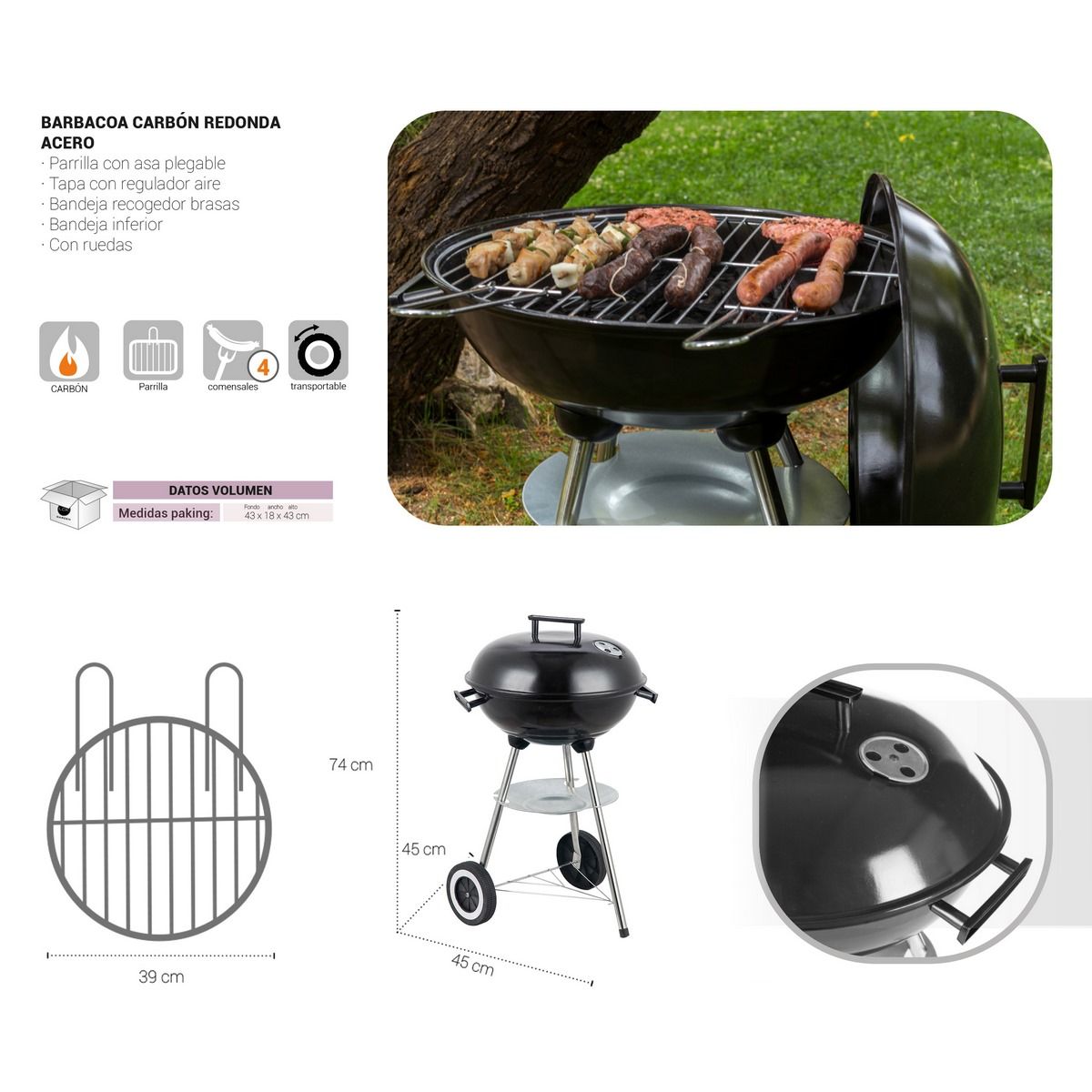 Lolahome Kulgrill med Stålgrill, 74x45x41cm, Sort