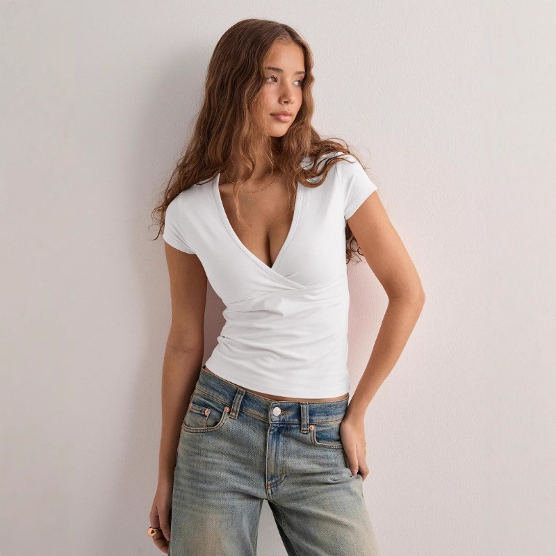 Damen V-Ausschnitt T-Shirt – Slim-Fit Kurzarm-Oberteil in Unifarbe