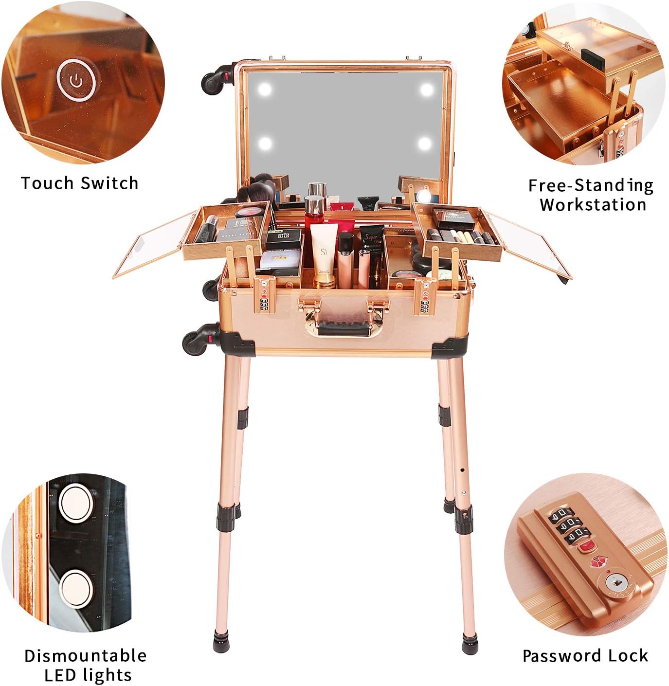 Mallette de maquillage moyenne avec serrure à combinaison, miroir lumineux, haut-parleur, organisateur de cosmétiques de voyage, trolley professionnel pour artistes, mallette de studio autonome