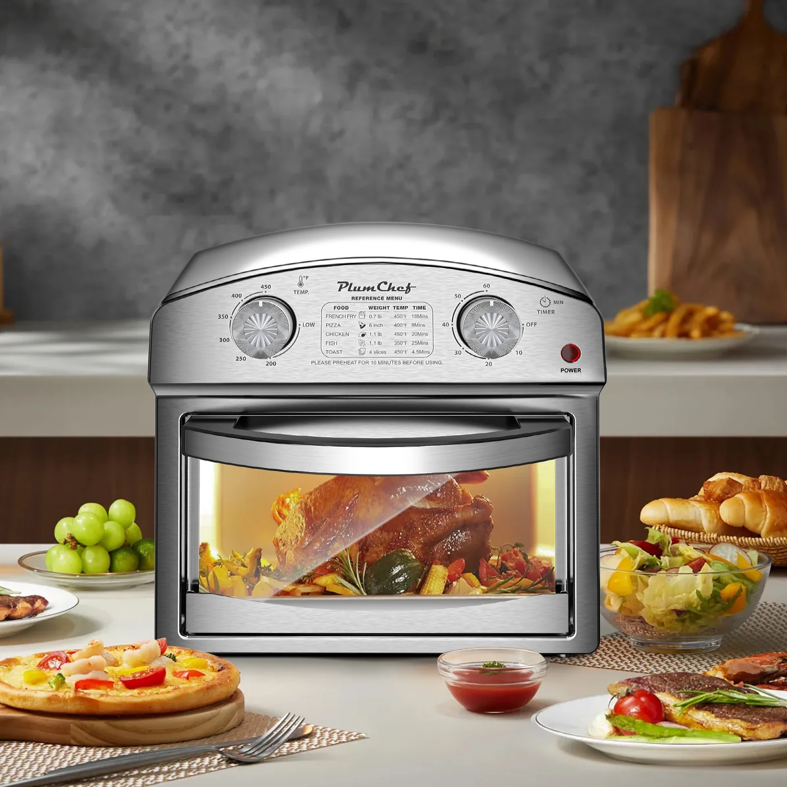 Plum Chef 13 Quart Air Fryer, Large Air Fryer Oven Toaster Combo W/ 60 Minute Timer, Convection Oven Countertop, Accessories, UL Certified, Nonstick, Accessories Included, 1500W, Sliver