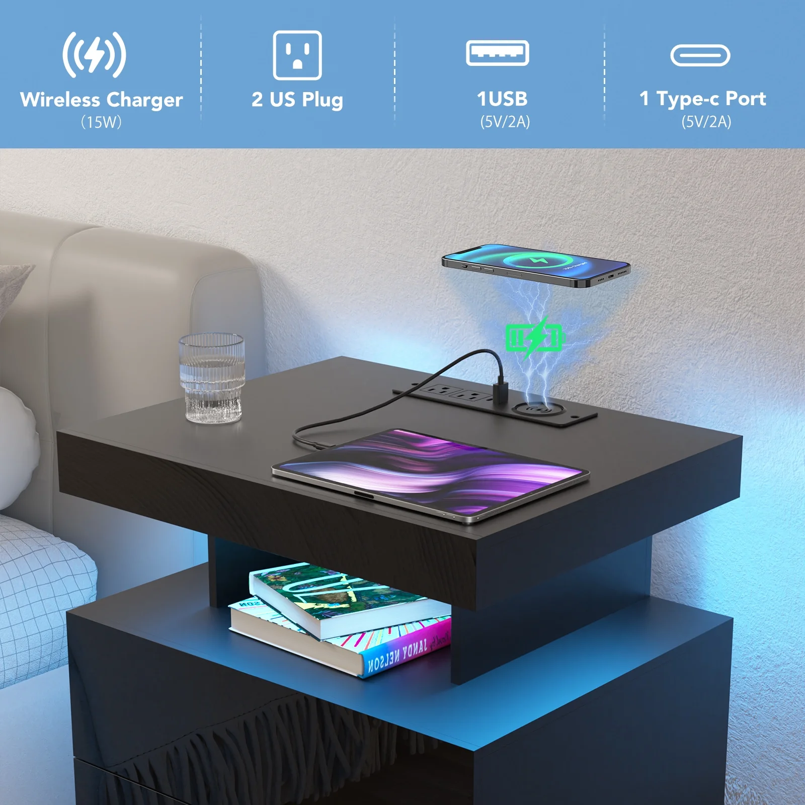 Hommpa LED Nightstand Wireless Charging Station USB Type C Outlets Bedside Table 3 Drawers Black Night Table Modern Smart Nightstand High Gloss End Side Table for Bedroom Furniture 26.8" Tall
