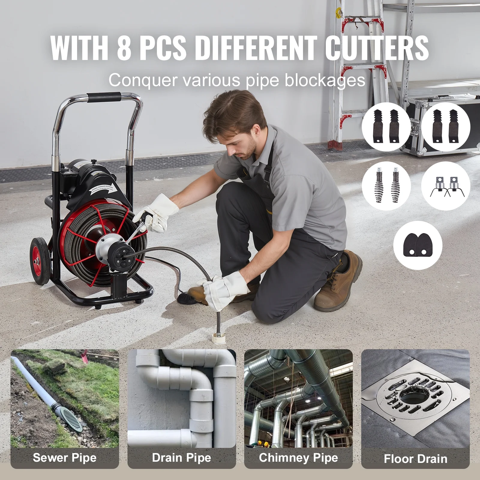 VEVOR Drain Cleaner Machine 100FT x 1/2 in, Auto Feed Sewer Snake Auger on Wheels, 550W Portable Drain Cleaning Machine with 8 Cutters & Air - Activated Foot Switch for 2" to 4" Pipes