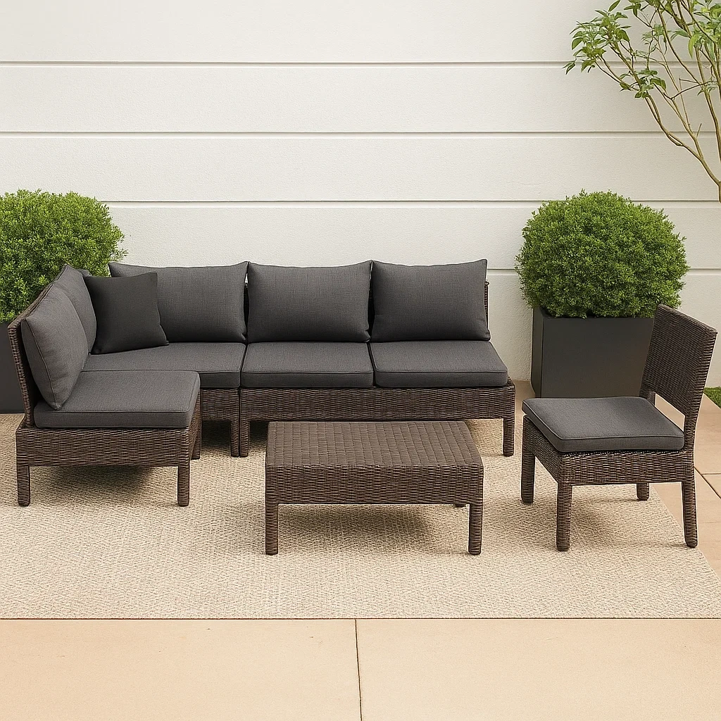 5-sitzige Gartenmöbel-Lounge, Rattan, braun und grau, modular, wetterfest, Sofa 180x80x70 cm, Sessel 60x60x70 cm, Couchtisch 80x40x35 cm - fN7f2TnfzHyS
