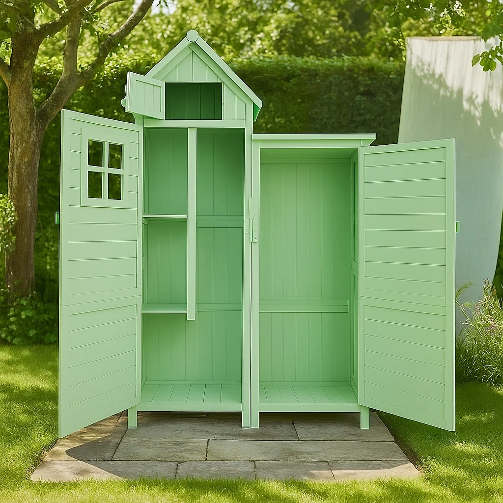 Gartenhaus aus Holz mit Doppeltüren und dekorativem Dach, Grün, 1,68 m² - WfVYRzv145Wq