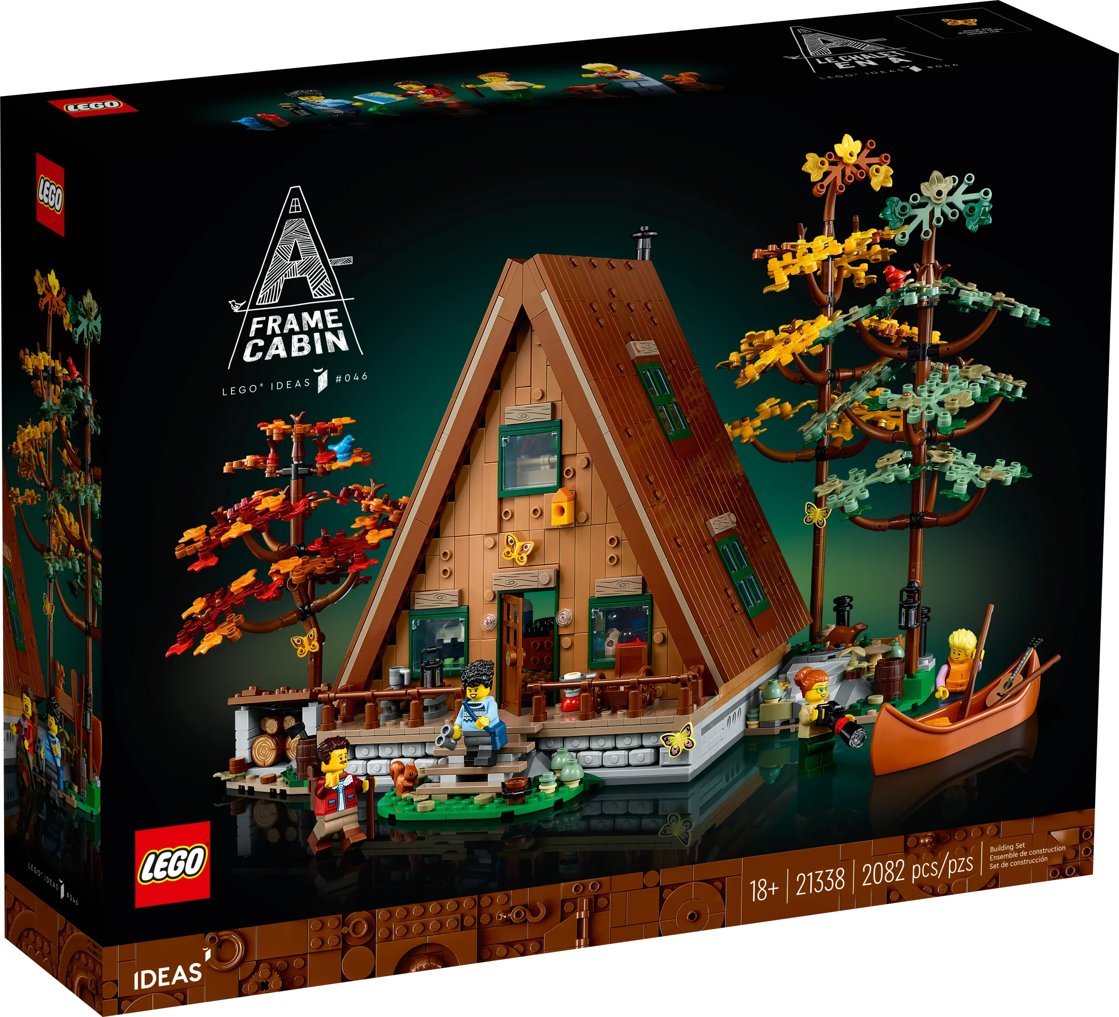 LEGO Ideas A-Frame Hytte 21338 – Samlersæt, bygbart modelbyggesæt til voksne, gave til natur- og arkitekturelskere, indeholder 4 brugerdefinerbare minifigurer og 11 dyrefigurer.