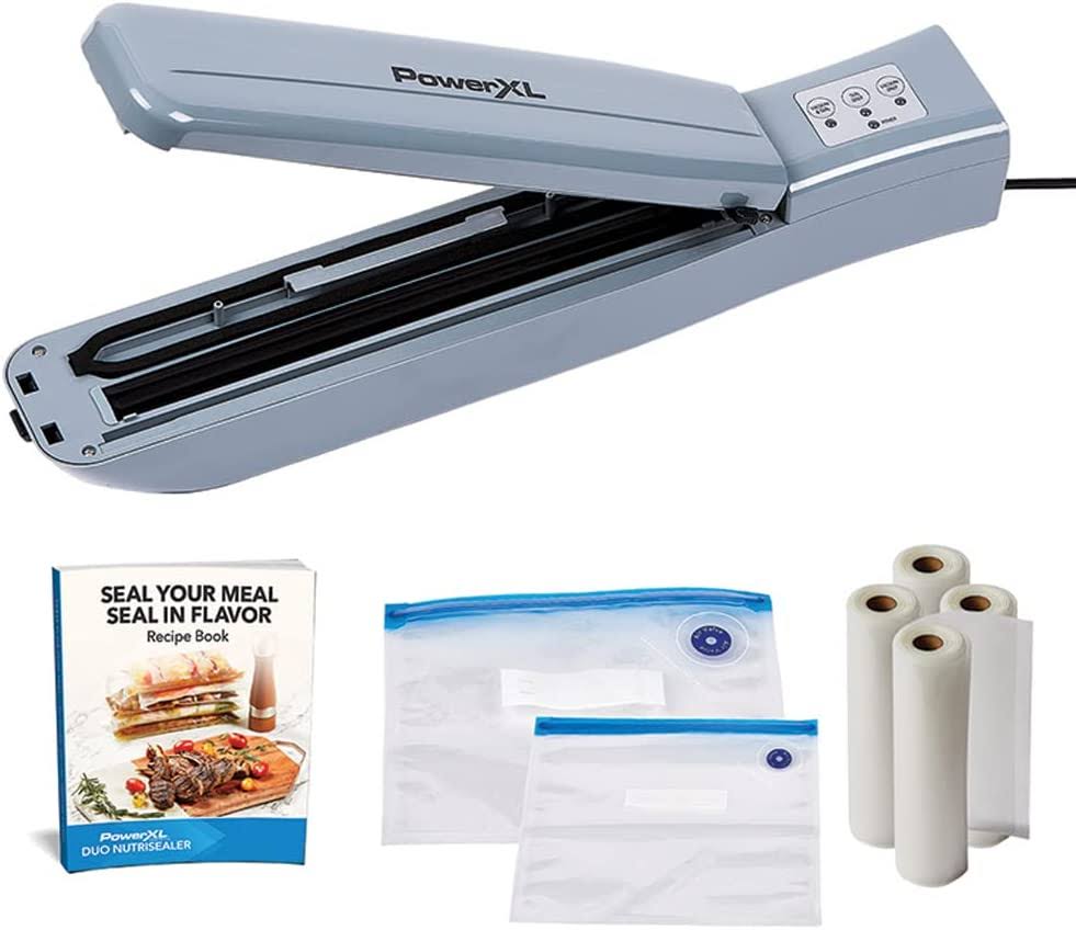 PowerXL Duo NutriSealer Food Vacuum Sealer Machine with Vacuum Seal Bags & Rolls, Double Airtight Sealing with Built-In Cutter Remanufactured, Gray