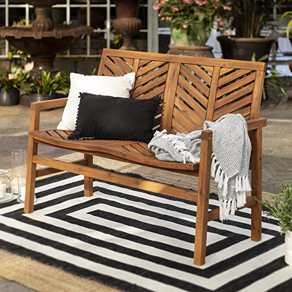 Walker Edison 5 Person Outdoor Wood Chevron Patio Furniture Dining Set Table Chairs Bench All Weather Backyard Conversation Garden Poolside Balcony, 4 Piece, Brown Brown 4 Piece Dining Set