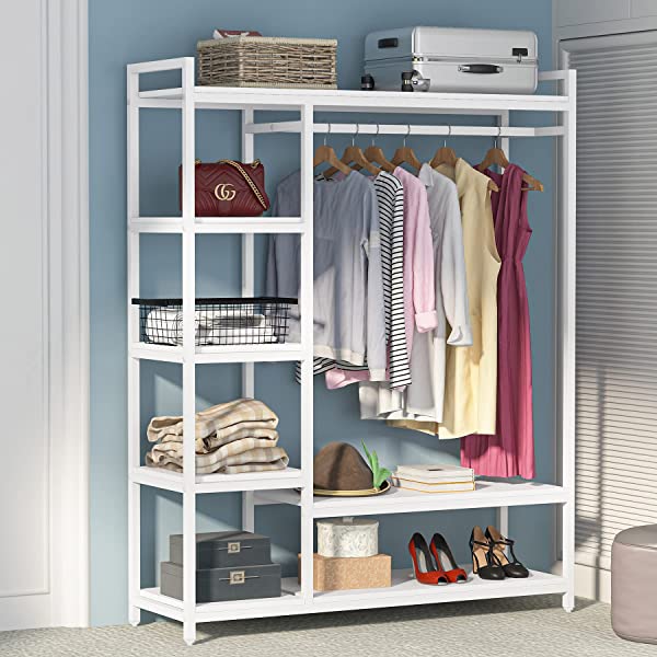 LITTLE TREE Free-Standing Closet Organizer, Heavy Duty Clothes Closet, Portable Garment Rack with 6 Shelves and Hanging Rod, Black Metal Frame&Rustic Board Finish Vingte &Black