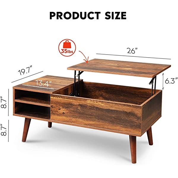 WLIVE Wood Lift Top Coffee Table with Hidden Compartment and Adjustable Storage Shelf, Lift Tabletop Dining Table for Home Living Room, Office, Rustic Oak