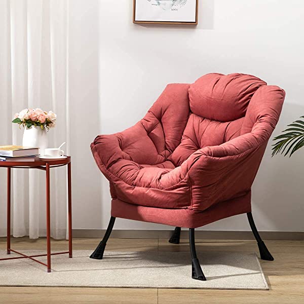 AbocoFur Modern Large Cotton Fabric Lazy Chair,Accent Contemporary Lounge Chair, Single Steel Frame Leisure Sofa Chair with Armrests and A Side Pocket, Beige