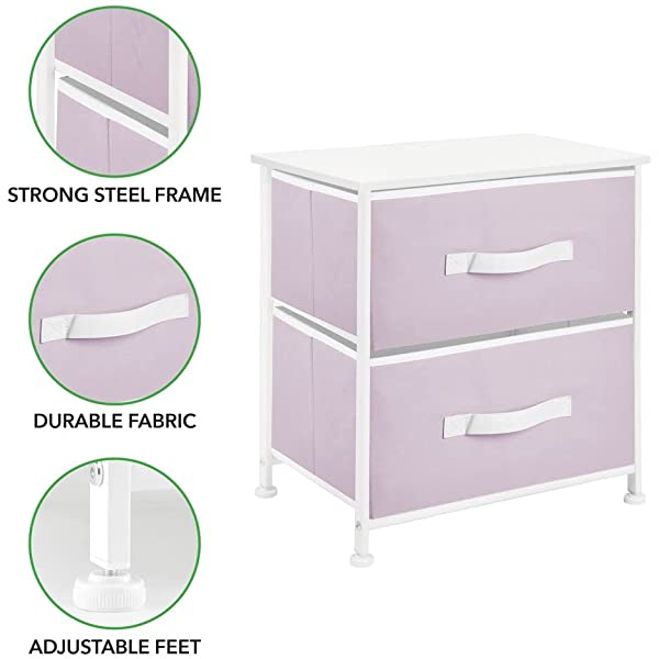 mDesign Storage Dresser End/Side Table Night Stand Furniture Unit - Small Standing Organizer for Bedroom, Office, Living Room, and Closet - 2 Drawer Removable Fabric Bins - Gray/White Grey