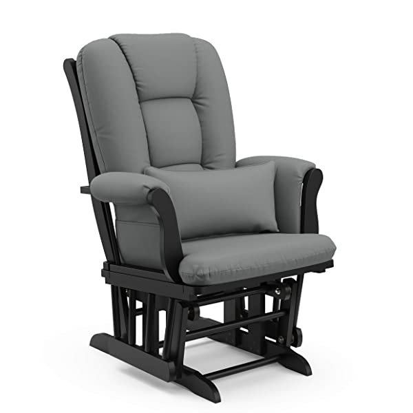 Storkcraft Tuscany Custom Glider and Ottoman with Free Lumbar Pillow, Black/Grey, Cleanable Upholstered Comfort Rocking Nursery Chair with Ottoman Black/Gray