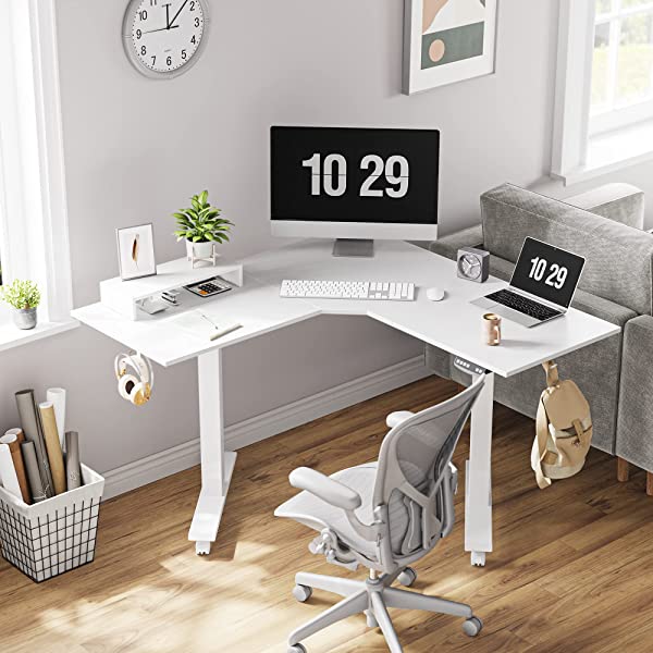 FEZIBO Dual Motor L-Shaped Electric Standing Desk, 48 Inches Height Adjustable Corner Desk, Full Sit Stand Home Office Table with Splice Board, Black Frame/Rustic Brown Top