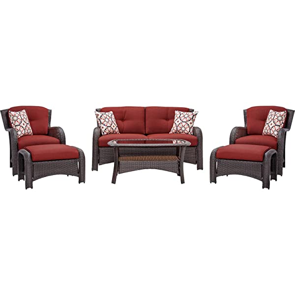 Hanover Strathmere 6-Piece Outdoor Patio Conversation Set, 2 Side Chairs with Ottomans, Loveseat and Tempered Glass Coffee Table, with Hand-Woven Wicker and Thick Cilantro Green Cushions, STRATHMERE6PC