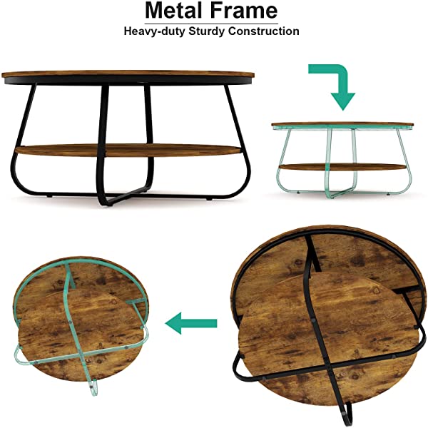 Elephance Round Coffee Table with Storage, 35.8 Inch Rustic Wood Coffee Table with Strong Metal Frame for Living Room, Dining Room, Cocktail Table, Round Sofa Table (Almond)