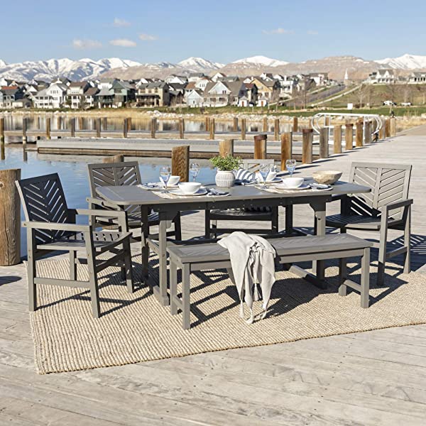 Walker Edison 5 Person Outdoor Wood Chevron Patio Furniture Dining Set Table Chairs Bench All Weather Backyard Conversation Garden Poolside Balcony, 4 Piece, Brown Brown 4 Piece Dining Set