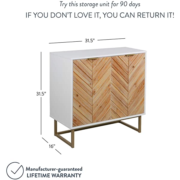 Nathan James Enloe Modern Storage, Free Standing Accent Cabinet with Doors in a Rustic Fir Wood Finish Powder-coated Metal Base for Hallway, Entryway or Living Room, White/Gold