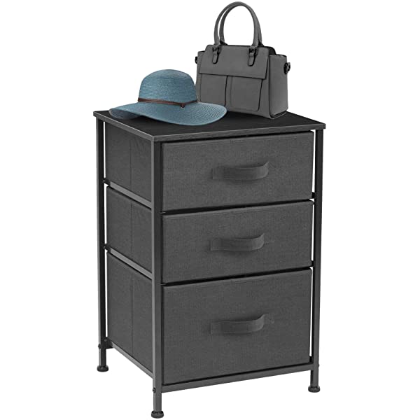 Sorbus Nightstand with 3 Drawers - Bedside Furniture & Accent End Table Chest for Home, Bedroom Accessories, Office, College Dorm, Steel Frame, Wood Top, Easy Pull Fabric Bins (Gray) Grey