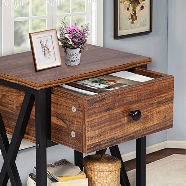 VECELO Modern Versatile Nightstands X-Design Side End Table Night Stand Storage Shelf with Bin Drawer for Living Room Bedroom, Brown+Black Brown+black Modern