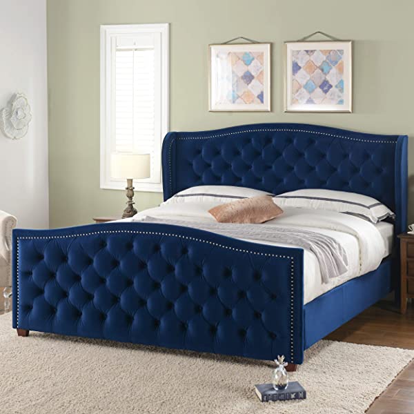 Jennifer Taylor Home Marcella Collection Queen Wingback Tufted Hand-Applied Nail Heads Upholstered Bed, Antique White Antique White Queen