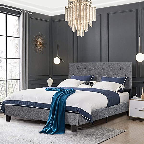 Giantex Shalini Upholstered Panel Platform Bed, Diamond Stitched Linen Panel Headboard, Metal Frame & 12 Strong Wooden Slat Support, Easy Assembly, Bed Mattress Foundation (Queen)