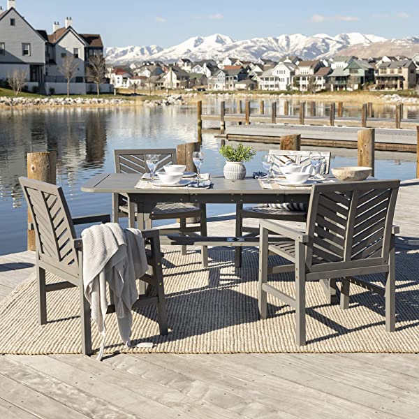Walker Edison 5 Person Outdoor Wood Chevron Patio Furniture Dining Set Table Chairs Bench All Weather Backyard Conversation Garden Poolside Balcony, 4 Piece, Brown Brown 4 Piece Dining Set