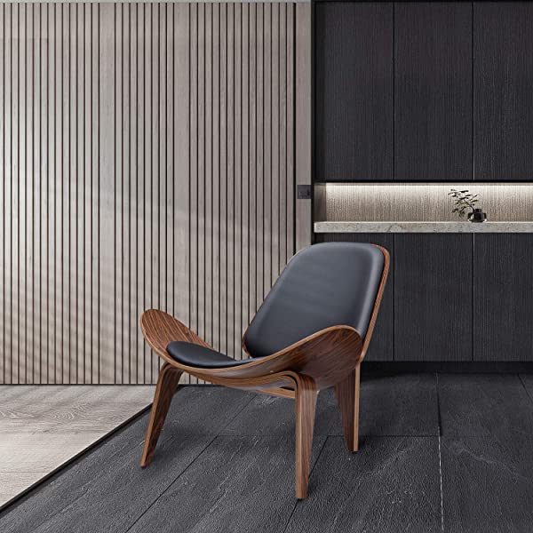 Rimdoc Three-Legged Shell Chair Mid Century Modern Lounge Chair with Black Leather Molded Plywood Accent Chair Reading Side Chair for Bedroom, Study, Office, Living Room (Black Walnut Wood)