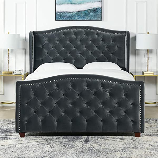 Jennifer Taylor Home Marcella Collection Queen Wingback Tufted Hand-Applied Nail Heads Upholstered Bed, Antique White Antique White Queen