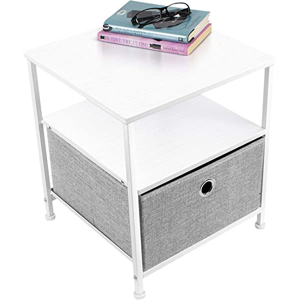 Sorbus Nightstand 1-Drawer Shelf Storage- Bedside Furniture & Accent End Table Chest for Home, Bedroom, Office, College Dorm, Steel Frame, Wood Top, Easy Pull Fabric Bins (Rustic Wood)