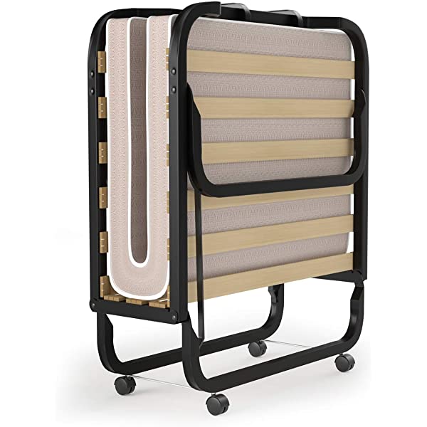 Giantex Rollaway Folding Bed with 4 Inch Mattress, Portable Foldable Guest Bed for Adults, Sturdy Metal Frame, Memory Foam Mattress, Folding Bed Cot Size (Beige & Black) Wood