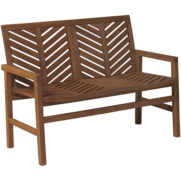 Walker Edison 5 Person Outdoor Wood Chevron Patio Furniture Dining Set Table Chairs Bench All Weather Backyard Conversation Garden Poolside Balcony, 4 Piece, Brown Brown 4 Piece Dining Set