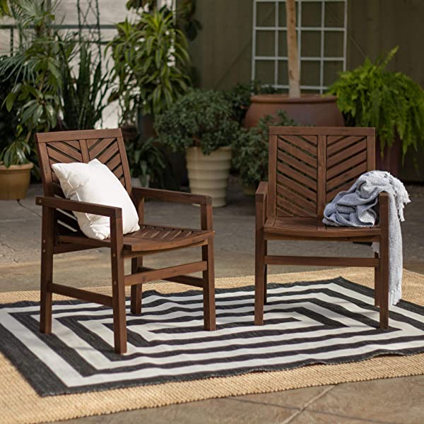 Walker Edison 5 Person Outdoor Wood Chevron Patio Furniture Dining Set Table Chairs Bench All Weather Backyard Conversation Garden Poolside Balcony, 4 Piece, Brown Brown 4 Piece Dining Set