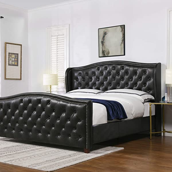 Jennifer Taylor Home Marcella Collection Queen Wingback Tufted Hand-Applied Nail Heads Upholstered Bed, Antique White Antique White Queen