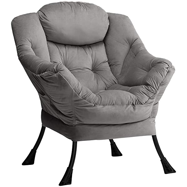 AbocoFur Modern Large Cotton Fabric Lazy Chair,Accent Contemporary Lounge Chair, Single Steel Frame Leisure Sofa Chair with Armrests and A Side Pocket, Beige