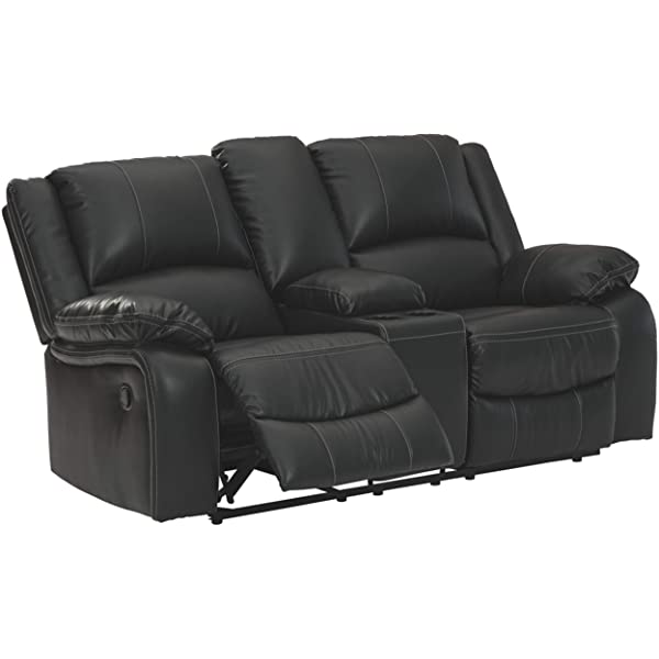 Signature Design by Ashley - Calderwell Contemporary Faux Leather Double Reclining Loveseat w/ Console - Adjustable - Gray Manual Loveseat Grey