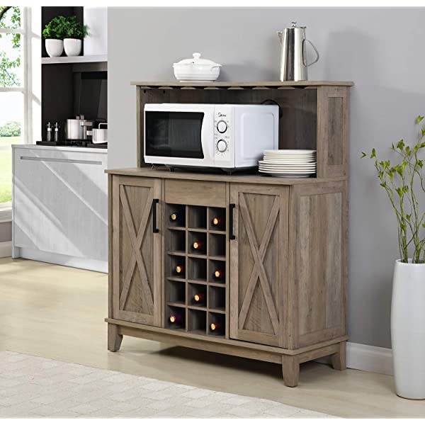 Bar Cabinet with Wine Rack and Glass Doors (Grey wash- Solid)
