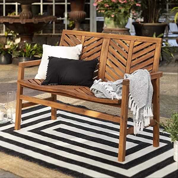 Walker Edison 5 Person Outdoor Wood Chevron Patio Furniture Dining Set Table Chairs Bench All Weather Backyard Conversation Garden Poolside Balcony, 4 Piece, Brown Brown 4 Piece Dining Set