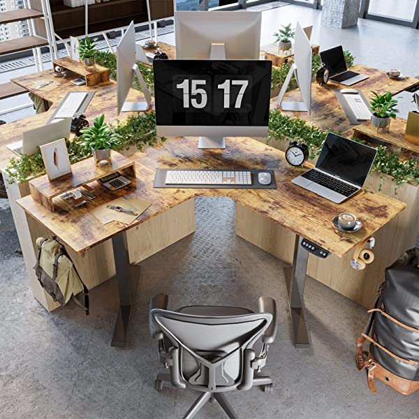 FEZIBO Dual Motor L-Shaped Electric Standing Desk, 48 Inches Height Adjustable Corner Desk, Full Sit Stand Home Office Table with Splice Board, Black Frame/Rustic Brown Top