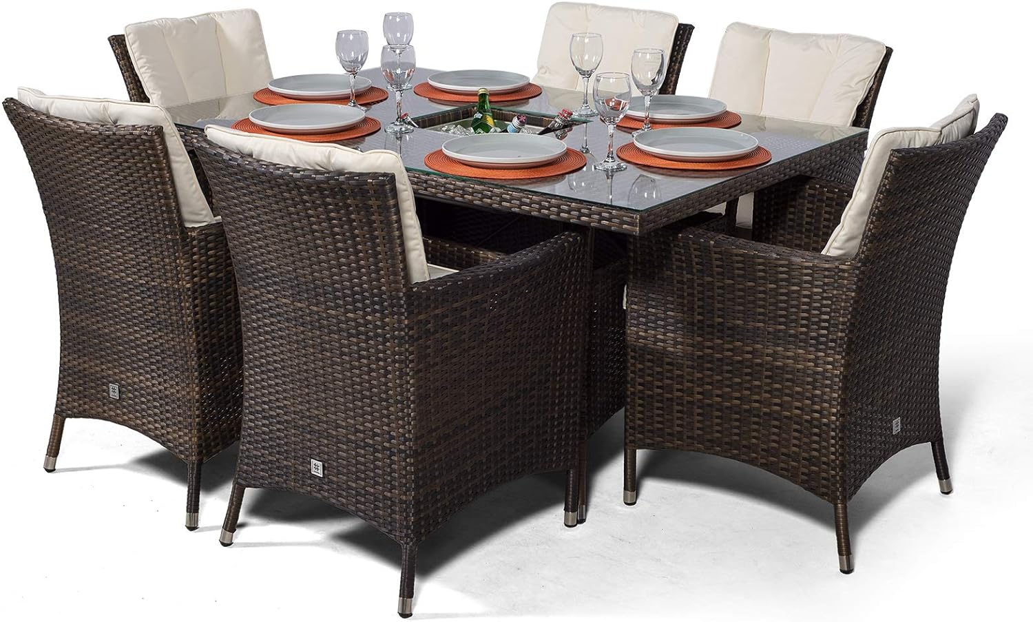 Savannah Rattan Dining Set | Rectangle 6 Seater Brown Rattan Table & Chairs Set with Ice Bucket Drinks Cooler | Outdoor Poly Rattan Garden Dining Furniture Set with Parasol & Cover
