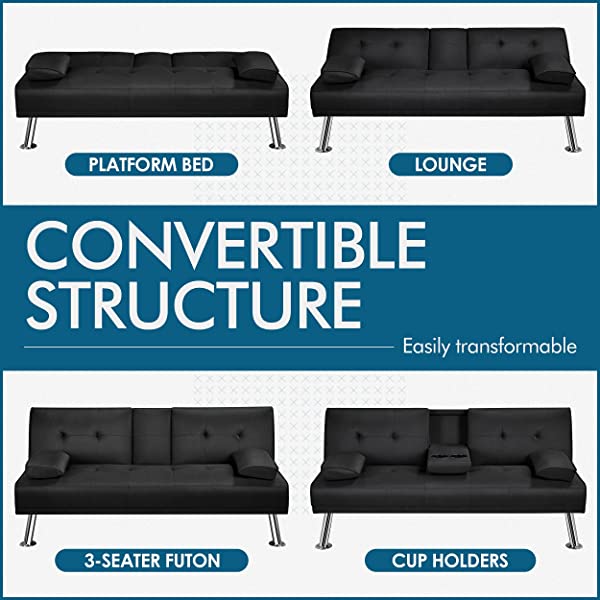 YAHEETECH Linen Fabric Modern Sofa Bed Sectional Couch Bed Folding Recliner Sleeper Reversible Loveseat Convertible Daybed, 2 Cup Holders, 3 Angles, 772lb Capacity, Removable Armrests, Dark Gray