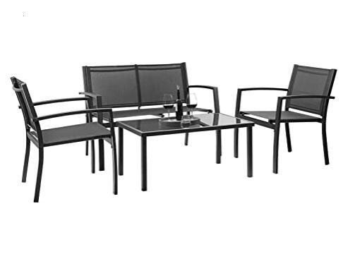 Devoko 4 Pieces Patio Furniture Set Outdoor Garden Patio Conversation Sets Poolside Lawn Chairs with Glass Coffee Table Porch Furniture (Grey)