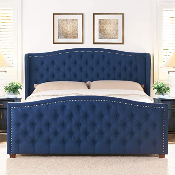 Jennifer Taylor Home Marcella Collection Queen Wingback Tufted Hand-Applied Nail Heads Upholstered Bed, Antique White Antique White Queen
