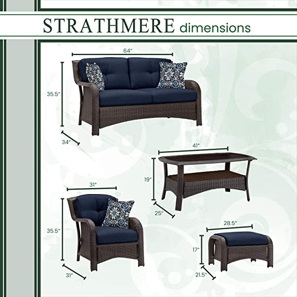 Hanover Strathmere 6-Piece Outdoor Patio Conversation Set, 2 Side Chairs with Ottomans, Loveseat and Tempered Glass Coffee Table, with Hand-Woven Wicker and Thick Cilantro Green Cushions, STRATHMERE6PC