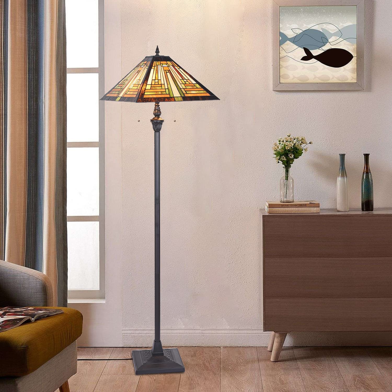 Cotoss Tiffany floor lamp, stained glass lampshade