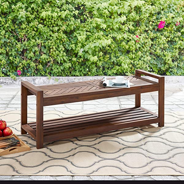 Walker Edison 5 Person Outdoor Wood Chevron Patio Furniture Dining Set Table Chairs Bench All Weather Backyard Conversation Garden Poolside Balcony, 4 Piece, Brown Brown 4 Piece Dining Set