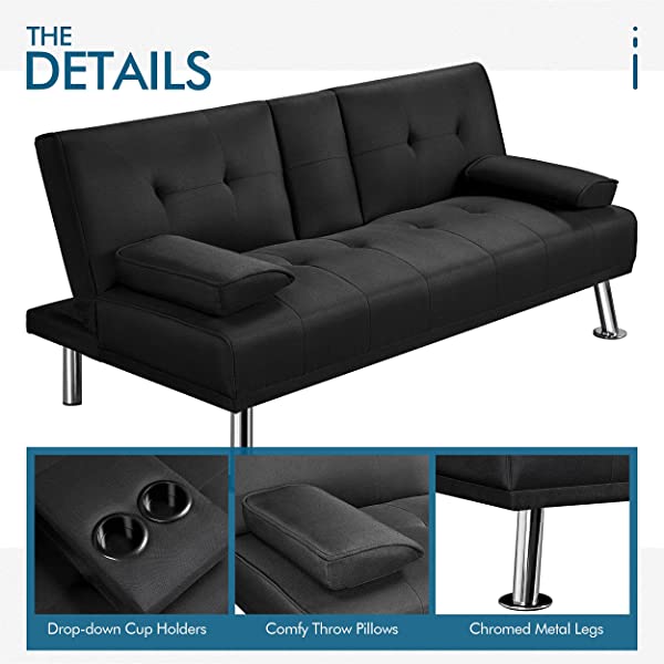 YAHEETECH Linen Fabric Modern Sofa Bed Sectional Couch Bed Folding Recliner Sleeper Reversible Loveseat Convertible Daybed, 2 Cup Holders, 3 Angles, 772lb Capacity, Removable Armrests, Dark Gray