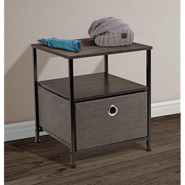 Sorbus Nightstand 1-Drawer Shelf Storage- Bedside Furniture & Accent End Table Chest for Home, Bedroom, Office, College Dorm, Steel Frame, Wood Top, Easy Pull Fabric Bins (Rustic Wood)